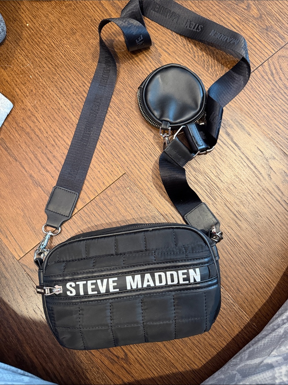 Steve Madden Black Quilted Crossbody Belt Bag with Coin Pouch